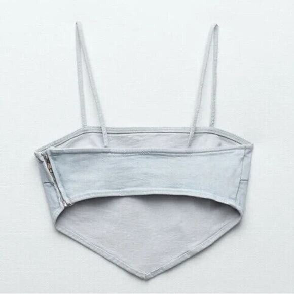 ZARA Light Denim Crop Top Bustier Side Zip Straps Size Small - Picture 2 of 4